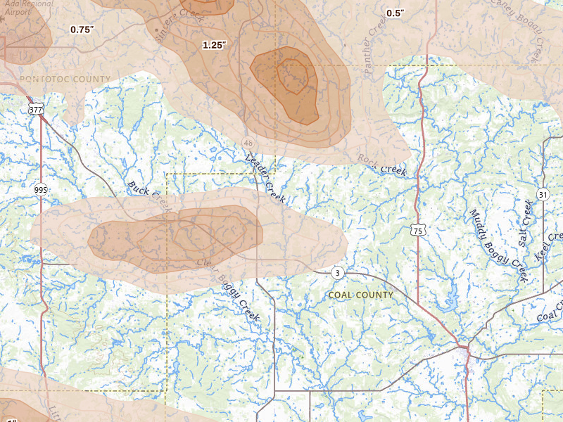Radar-estimated hail-size map of the storm over Tupelo, OK on Apr 24, 2026