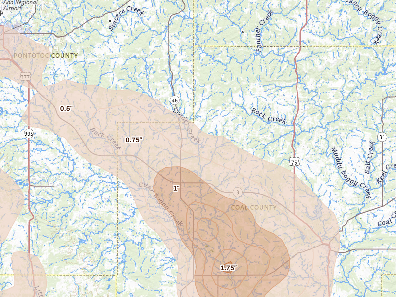 Radar-estimated hail-size map of the storm over Tupelo, OK on Apr 25, 2026