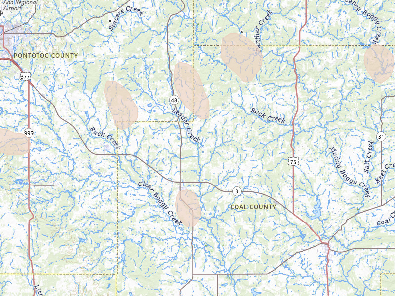 Radar-estimated hail-size map of the storm over Tupelo, OK on May 22, 2026