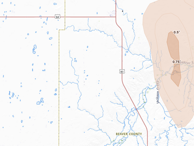 Radar-estimated hail-size map of the storm over Turpin, OK on Jun 3, 2026