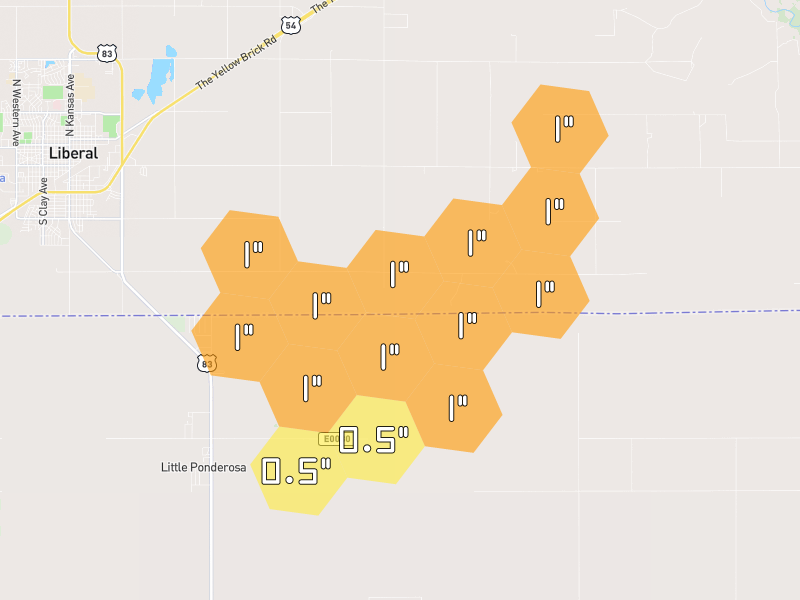 Hail map of Turpin, OK on Jul 3, 2026, hail up to 1"