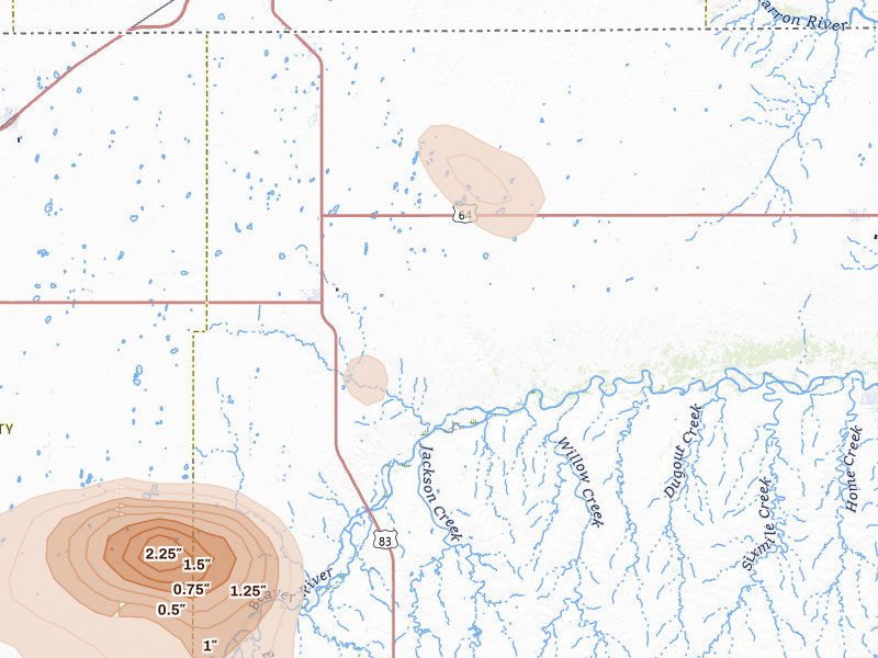 Radar-estimated hail-size map of the storm over Turpin, OK on Aug 6, 2026