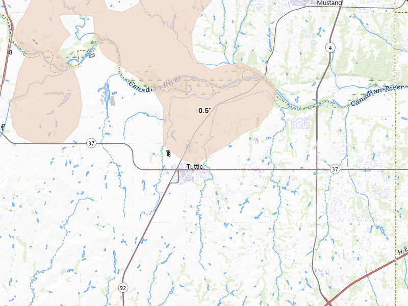 Radar-estimated hail-size map of the storm over Tuttle, OK on Apr 3, 2026