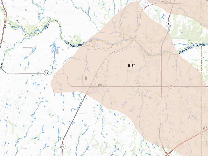Radar-estimated hail-size map of the storm over Tuttle, OK on May 8, 2026