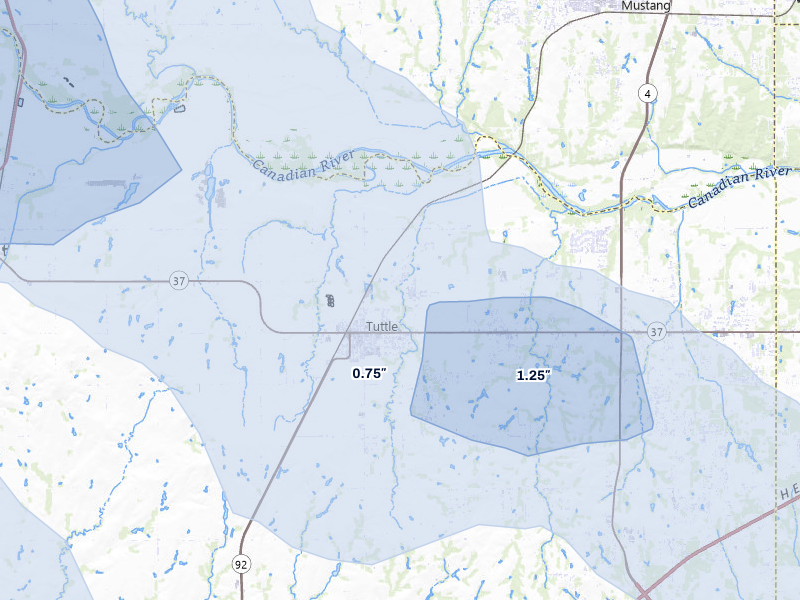 NEXRAD radar-signature map of the hail storm over Tuttle, OK on May 9, 2026