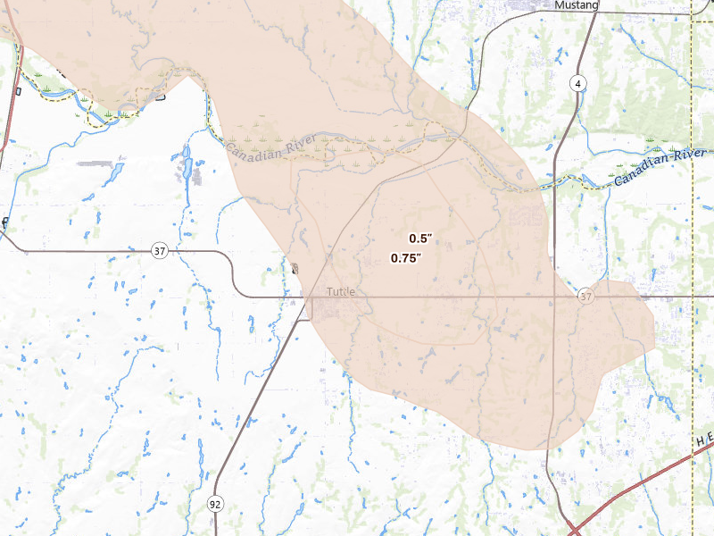 Radar-estimated hail-size map of the storm over Tuttle, OK on Jun 21, 2026