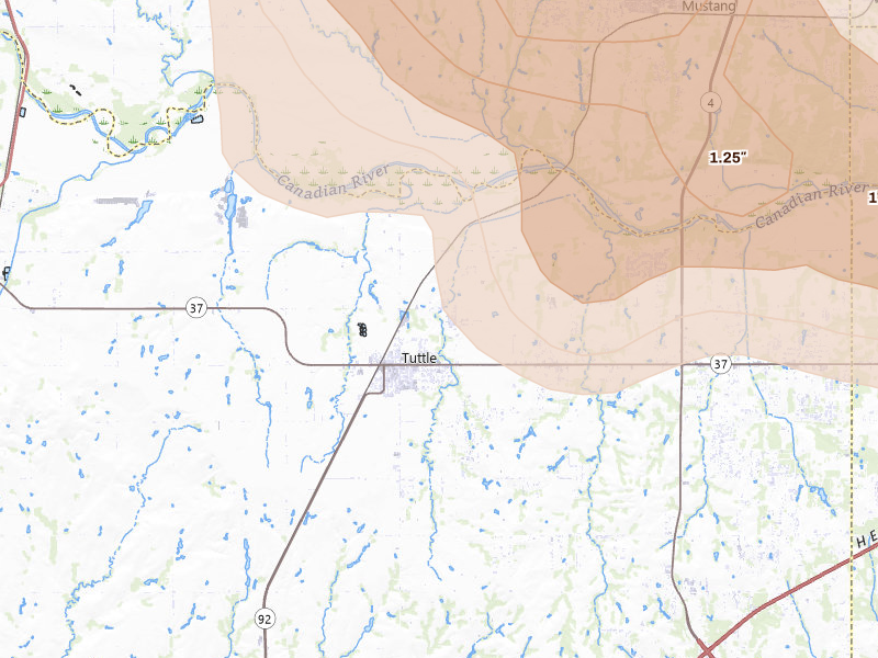 Radar-estimated hail-size map of the storm over Tuttle, OK on Jul 4, 2026