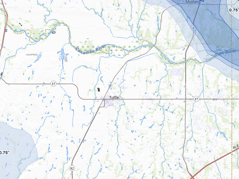 NEXRAD radar-signature map of the hail storm over Tuttle, OK on Jul 4, 2026