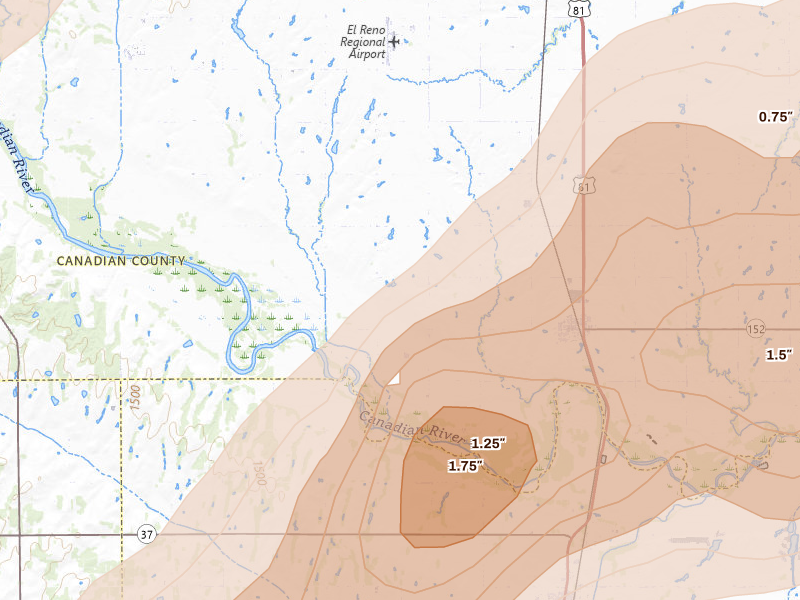 Radar-estimated hail-size map of the storm over Union City, OK on Mar 10, 2026