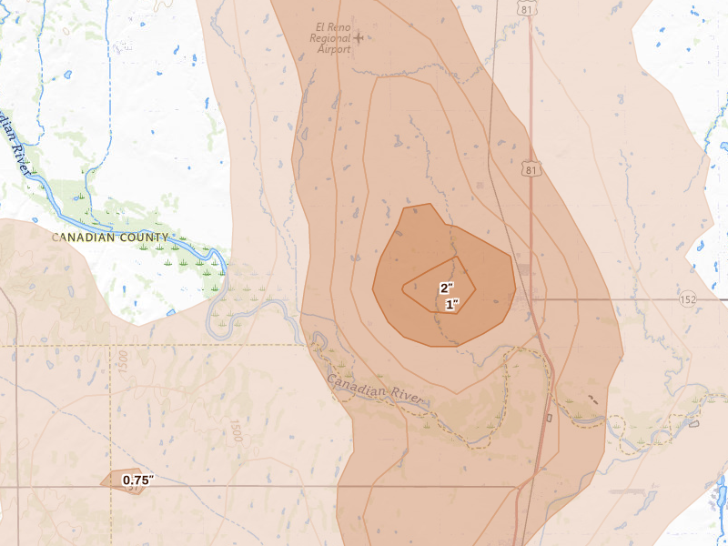 Radar-estimated hail-size map of the storm over Union City, OK on Jun 11, 2026