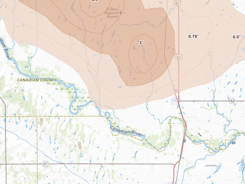 Radar-estimated hail-size map of the storm over Union City, OK on Jun 26, 2026