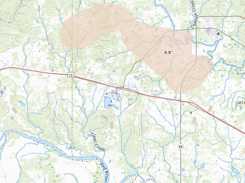 Radar-estimated hail-size map of the storm over Valliant, OK on Apr 24, 2026