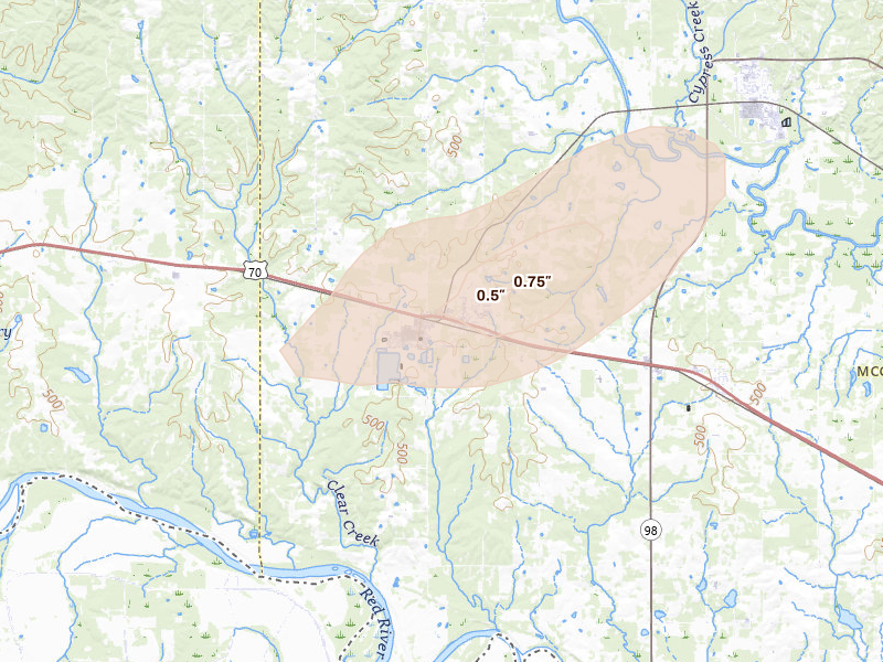 Radar-estimated hail-size map of the storm over Valliant, OK on Apr 27, 2026