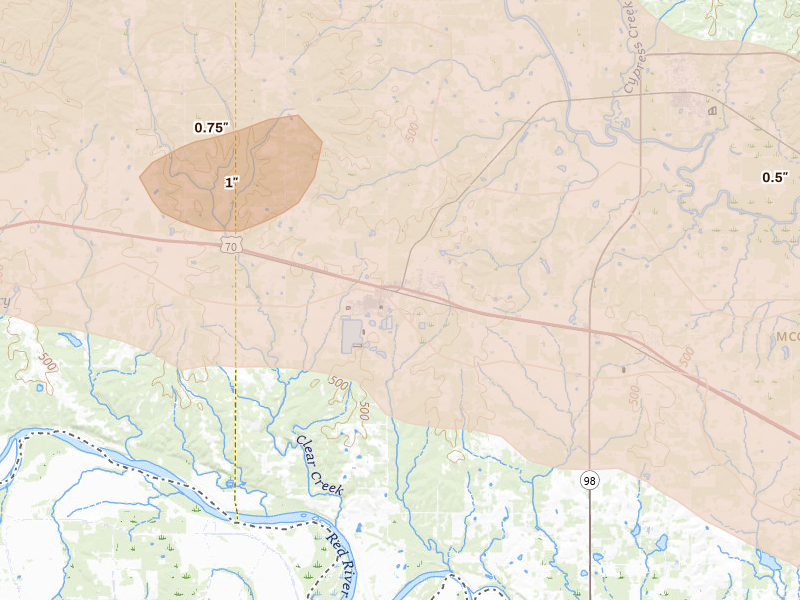 Radar-estimated hail-size map of the storm over Valliant, OK on Apr 28, 2026
