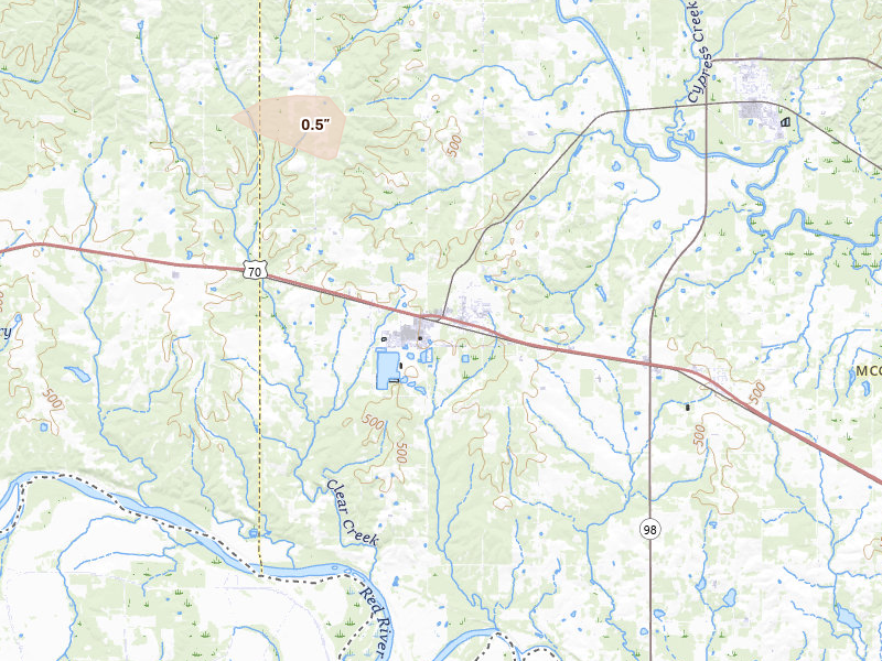 Radar-estimated hail-size map of the storm over Valliant, OK on Jul 6, 2026
