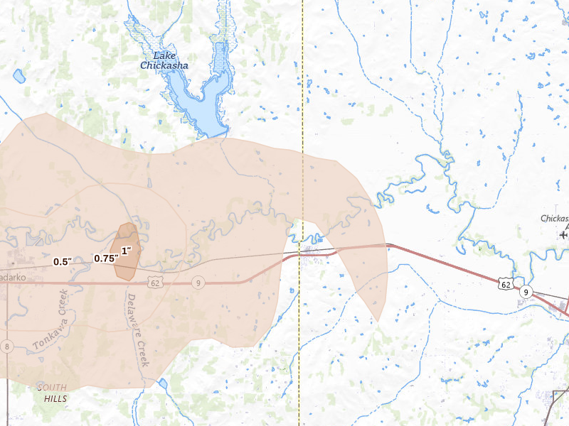 Radar-estimated hail-size map of the storm over Verden, OK on Apr 3, 2026