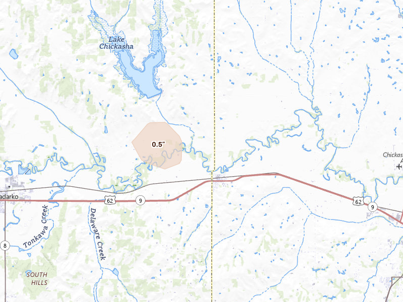 Radar-estimated hail-size map of the storm over Verden, OK on May 22, 2026
