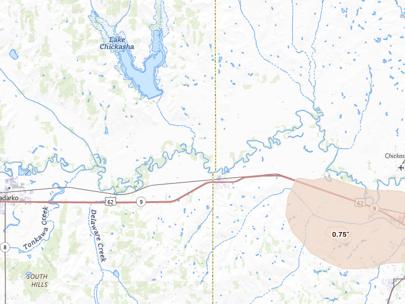 Radar-estimated hail-size map of the storm over Verden, OK on Jun 26, 2026