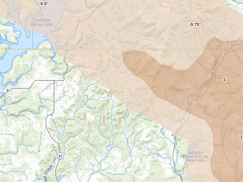 Radar-estimated hail-size map of the storm over Vian, OK on May 8, 2026