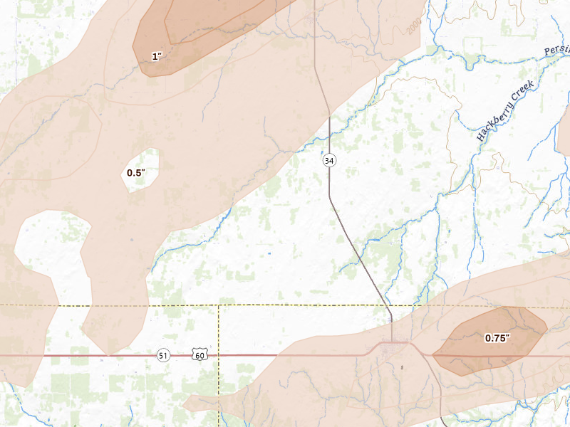 Radar-estimated hail-size map of the storm over Vici, OK on Apr 17, 2026