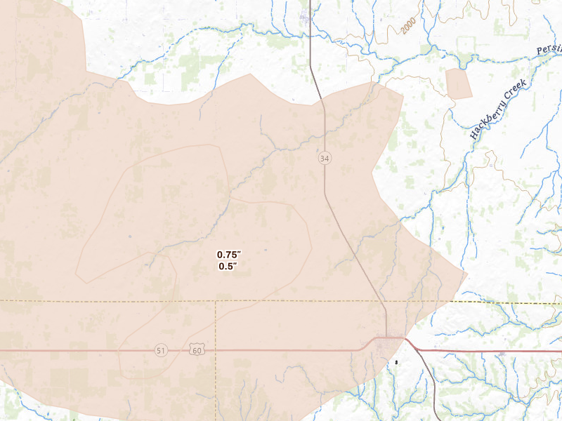Radar-estimated hail-size map of the storm over Vici, OK on May 9, 2026