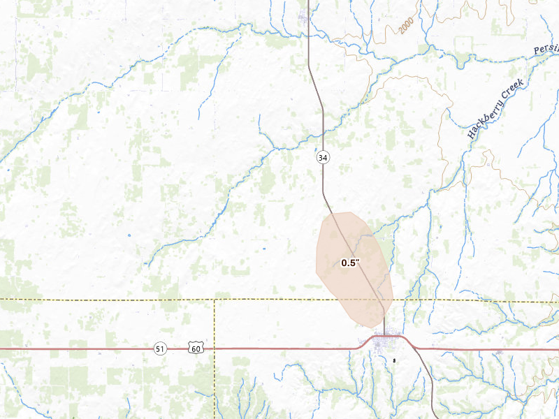 Radar-estimated hail-size map of the storm over Vici, OK on Jun 3, 2026