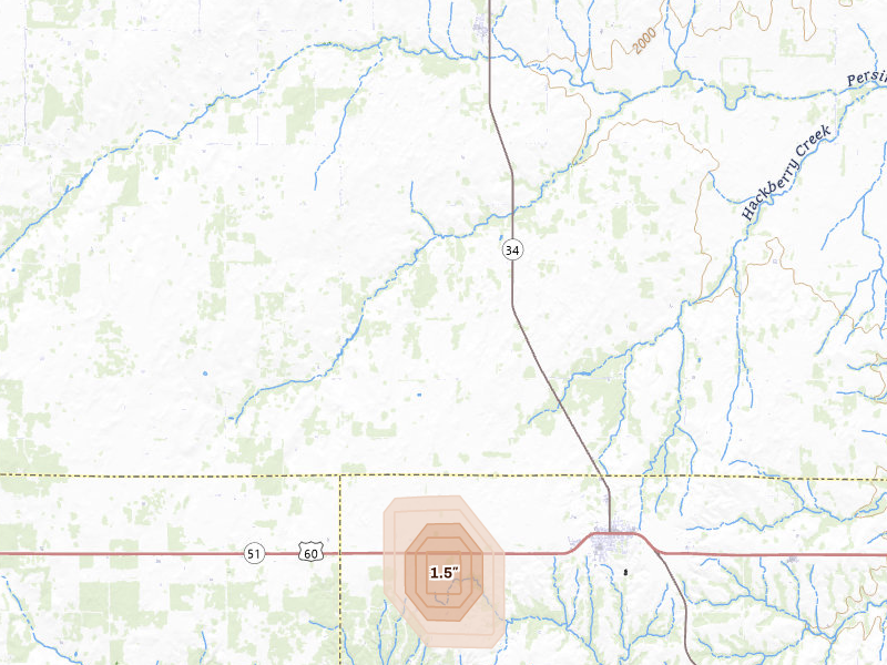 Radar-estimated hail-size map of the storm over Vici, OK on Jun 19, 2026