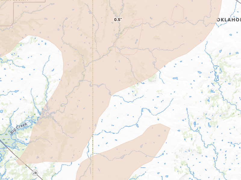 Radar-estimated hail-size map of the storm over Vinita, OK on Apr 23, 2026