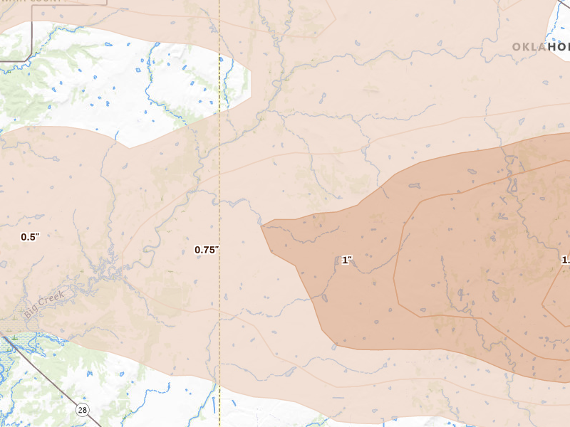 Radar-estimated hail-size map of the storm over Vinita, OK on Apr 25, 2026