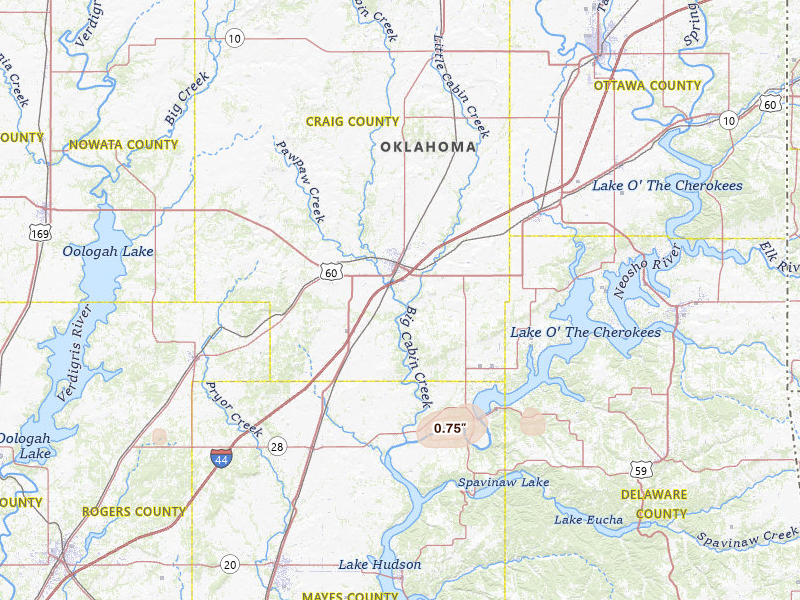 Radar-estimated hail-size map of the storm over Vinita, OK on Jun 2, 2026