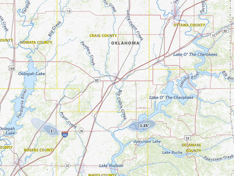NEXRAD radar-signature map of the hail over Vinita, OK