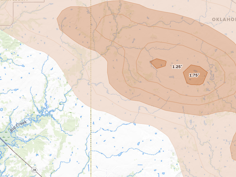 Radar-estimated hail-size map of the storm over Vinita, OK on Jun 11, 2026