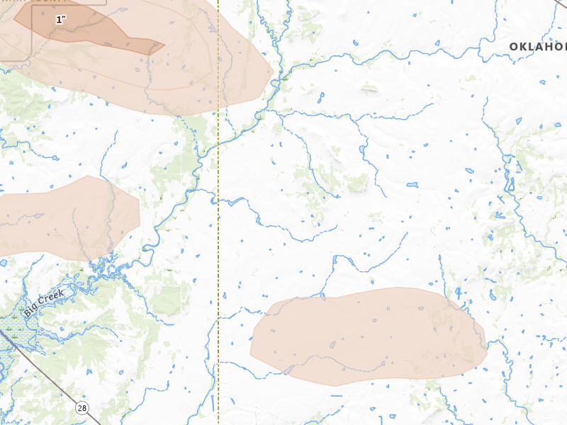Radar-estimated hail-size map of the storm over Vinita, OK on Jun 18, 2026