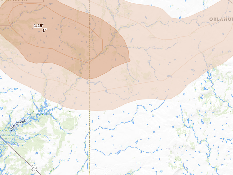 Radar-estimated hail-size map of the storm over Vinita, OK on Jun 26, 2026