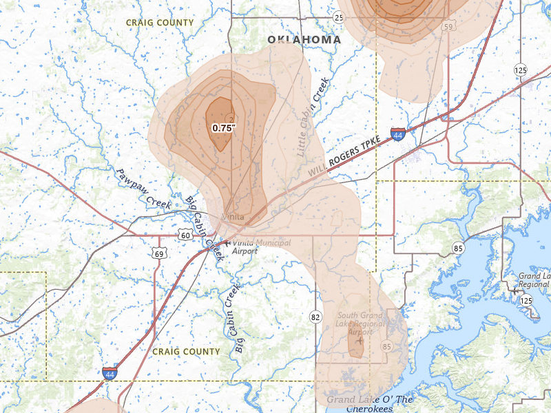 Radar-estimated hail-size map of the storm over Vinita, OK on Aug 6, 2026