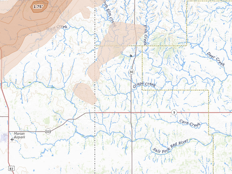 Radar-estimated hail-size map of the storm over Vinson, OK on Mar 5, 2026