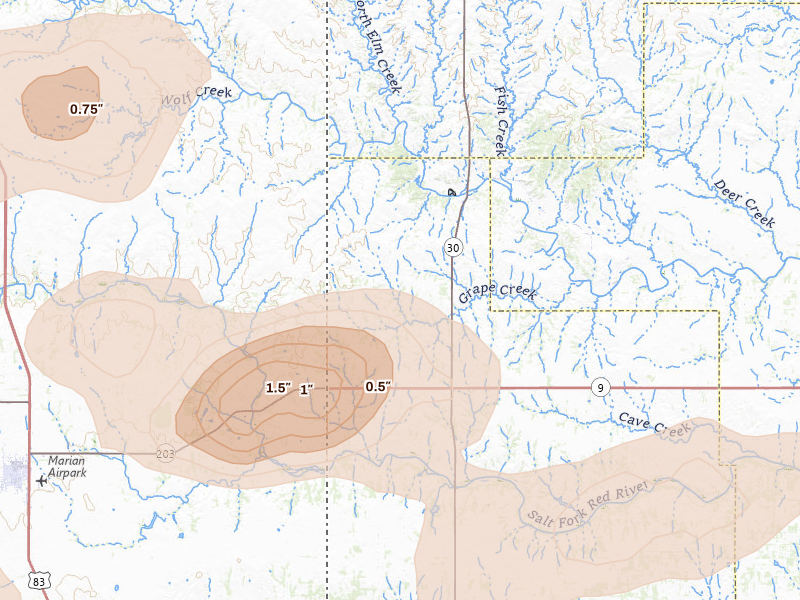 Radar-estimated hail-size map of the storm over Vinson, OK on Mar 31, 2026
