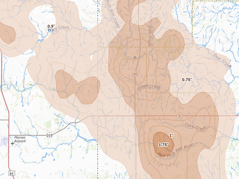 Radar-estimated hail-size map of the storm over Vinson, OK on Jun 23, 2026