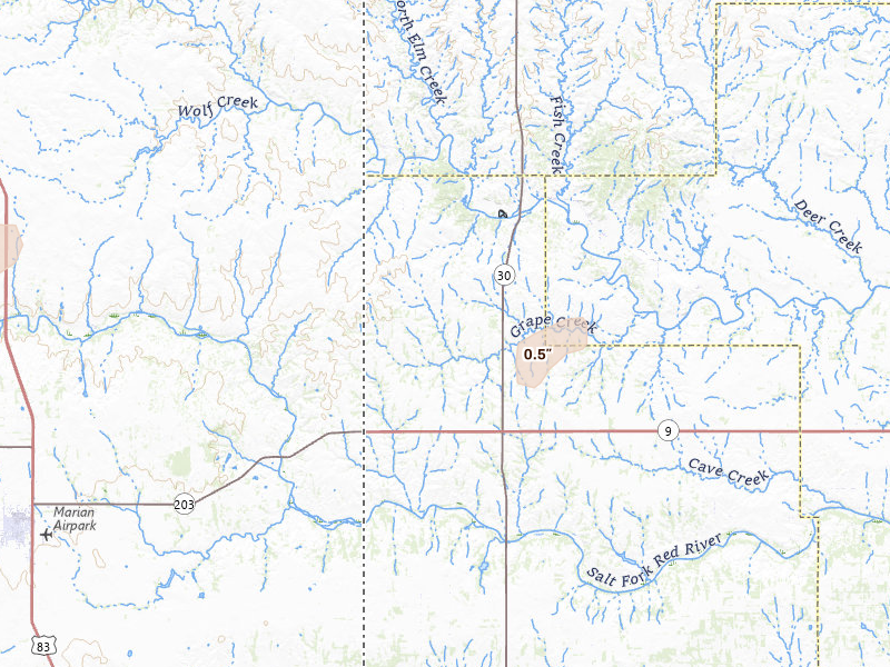 Radar-estimated hail-size map of the storm over Vinson, OK on Jun 29, 2026