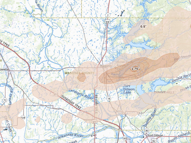 Radar-estimated hail-size map of the storm over Wagoner, OK on Apr 28, 2026