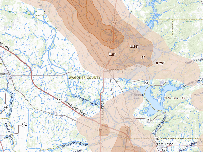 Radar-estimated hail-size map of the storm over Wagoner, OK on May 8, 2026
