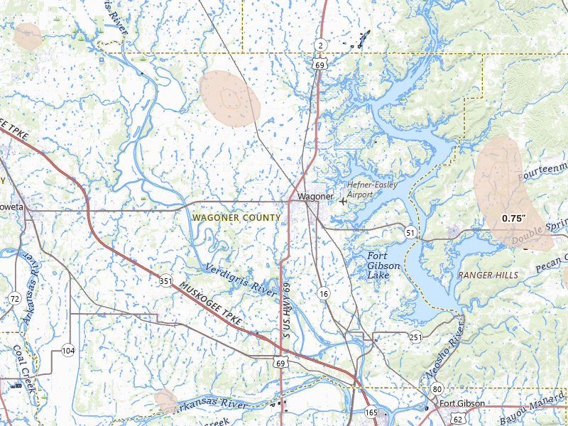 Radar-estimated hail-size map of the storm over Wagoner, OK on Jun 1, 2026