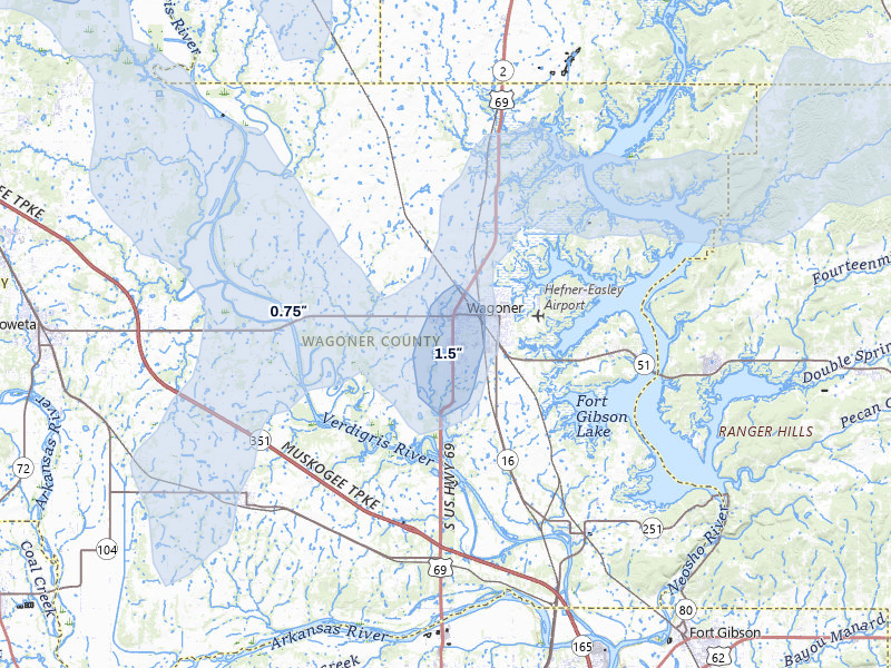 NEXRAD radar-signature map of the hail over Wagoner, OK