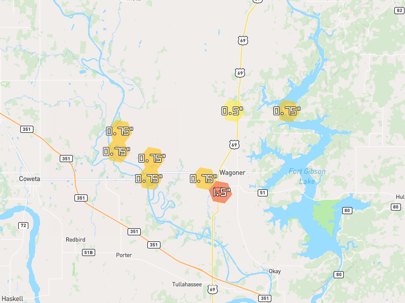 Hail map of Wagoner, OK on Jun 3, 2026, hail up to 1.5"