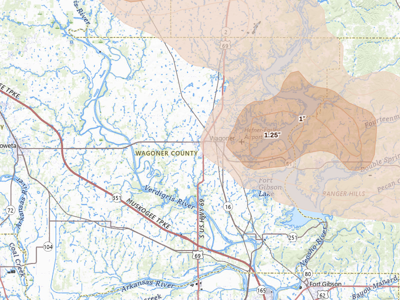 Radar-estimated hail-size map of the storm over Wagoner, OK on Jun 25, 2026