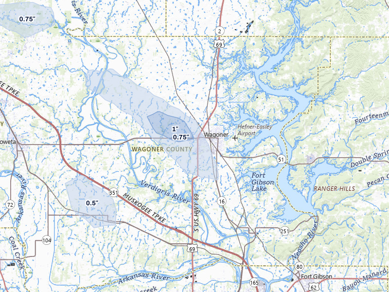 NEXRAD radar-signature map of the hail over Wagoner, OK