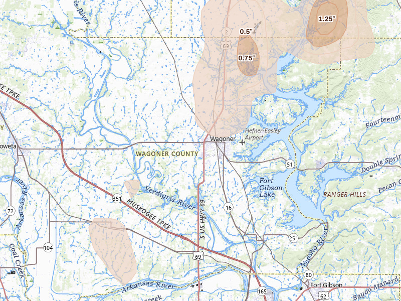 Radar-estimated hail-size map of the storm over Wagoner, OK on Jul 11, 2026