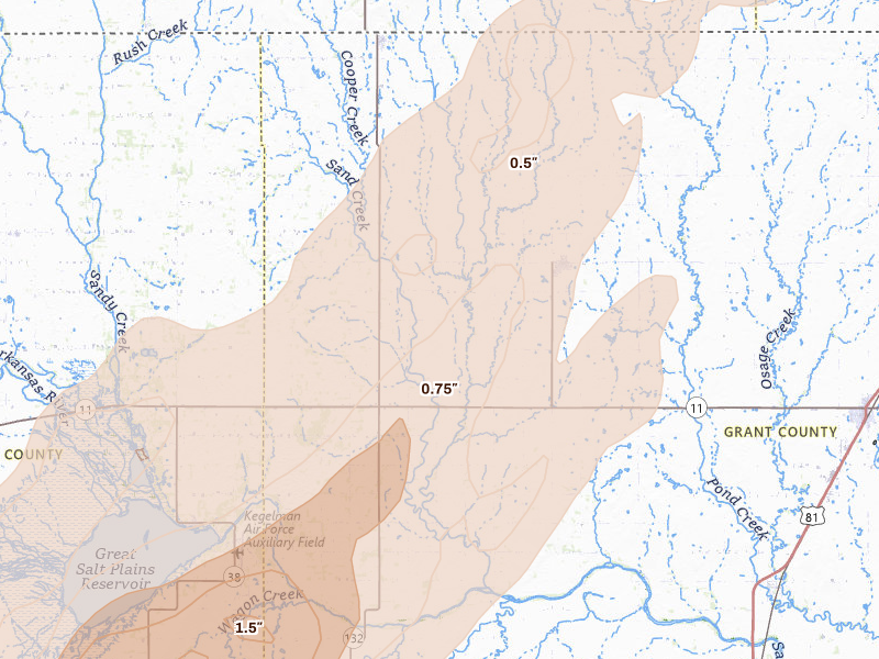 Radar-estimated hail-size map of the storm over Wakita, OK on Mar 5, 2026