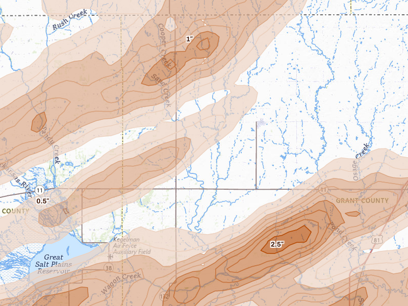 Radar-estimated hail-size map of the storm over Wakita, OK on Apr 17, 2026