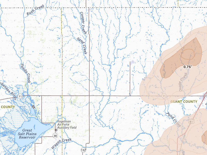 Radar-estimated hail-size map of the storm over Wakita, OK on Apr 23, 2026